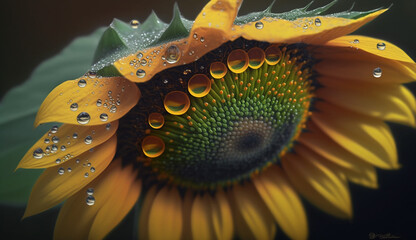 Poster - Nature beauty in yellow wet sunflower petals generated by AI