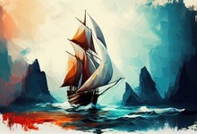 Sailboat Against A Background Of Sea Digital Painting Generate Ai.