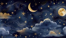 Seamless Pattern Of The Night Sky With Gold Foil Constellations Stars And Clouds Watercolor. Generate Ai.
