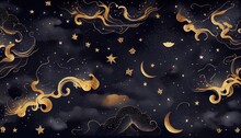 Seamless Pattern Of The Night Sky With Gold Foil Constellations Stars And Clouds Watercolor. Generate Ai.