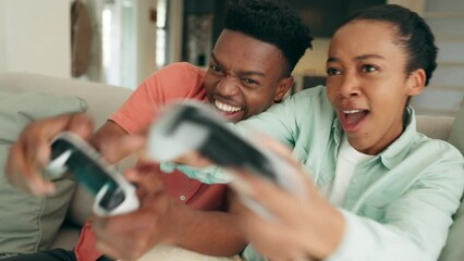 Sticker - Couple, video game and excited gaming in home lounge for crazy, relaxing and happy day together. Young, laughing and funny black people playing console controller, games challenge and entertainment