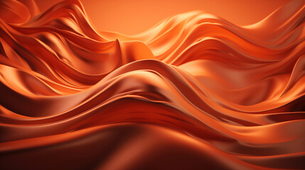 white orange wavy satin glass background, neon lighting highlights an orange silk fabric blowing in 