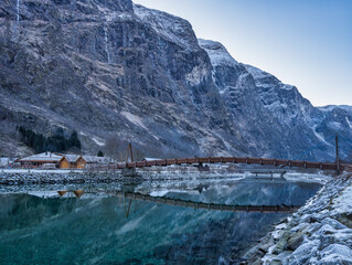  A viking village and wooden bridge in Gudvangen Vestland, Sogn, Norway