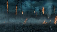 Burning Trees With Storm Clouded Sky 4K Features A Burnt Area Of A Pine Forest With Some Of The Trees Still On Fire With A Stormy Lightning Filled Sky In The Background.