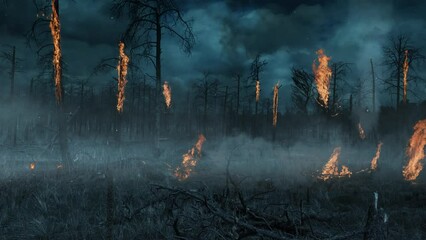 Wall Mural - burning trees with storm clouded sky 4k features a burnt area of a pine forest with some of the tree