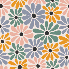 Aufkleber - Abstract Seamless Pattern with Daisy Flowers. Trippy Floral Backgound in Retro Style of 1970. Vector Flower Power Summer Illustration