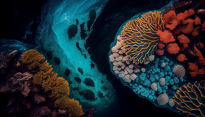 Wall Mural - Tropical seashore underwater landscape. Coral reef top view. Coral reef underwater photo.