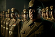 Vertical shot of dictator with his soldiers, Asian general with his officers Generative AI