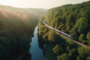 high-speed train driving through a beautiful landscape with a river and a forest - preserving nature