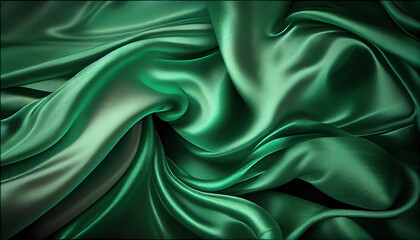 Green satin texture that is green silver fabric silk panorama background with Abstract green background. - Generative AI