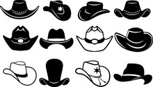 Set Of Cowboy Hat Icons. Outline And Silhouette Vector. Black Hats Illustration Isolated On White