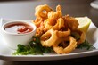 A crispy and savory plate of calamari fritti, served with a wedge of lemon and a sprinkle of sea salt - made with Ai