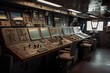 © MVProductions - Wheelhouse control board on a large ship / vessel, generative ai