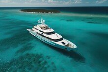 Aerial Drone View Of A Luxury Yacht On The Sea In The Caribbean, High Quality Generative Ai