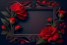 Frame With Red Flower Copy Space Red Roses On Dark Textured Grange Background. Bouquet Of Garden Flowers, Ai Generative