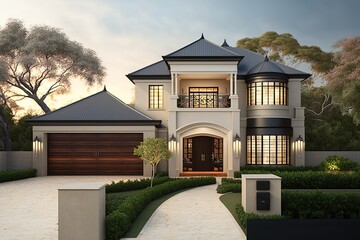 Wall Mural - Contemporary luxury house exterior, with garage and green lawn. Generative AI