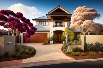 Wall Mural - Contemporary luxury house exterior, with garage and trees. Generative AI