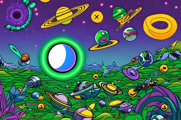 Wall Mural - An emojis ringed planet illustrated in a comic book style Generative AI.