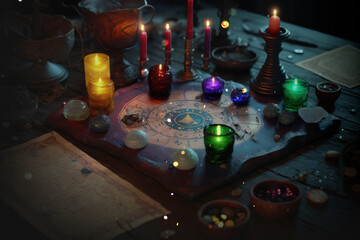 Wall Mural - Old Book With Magic Spells, Candles And Pentagram On Witch Table. AI Generated