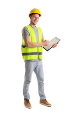 Wall Mural - Male engineer with clipboard on white background