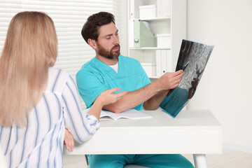 Canvas Print - Doctor with neck MRI scan consulting patient in hospital