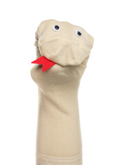 Wall Mural - Funny sock puppet with tongue isolated on white