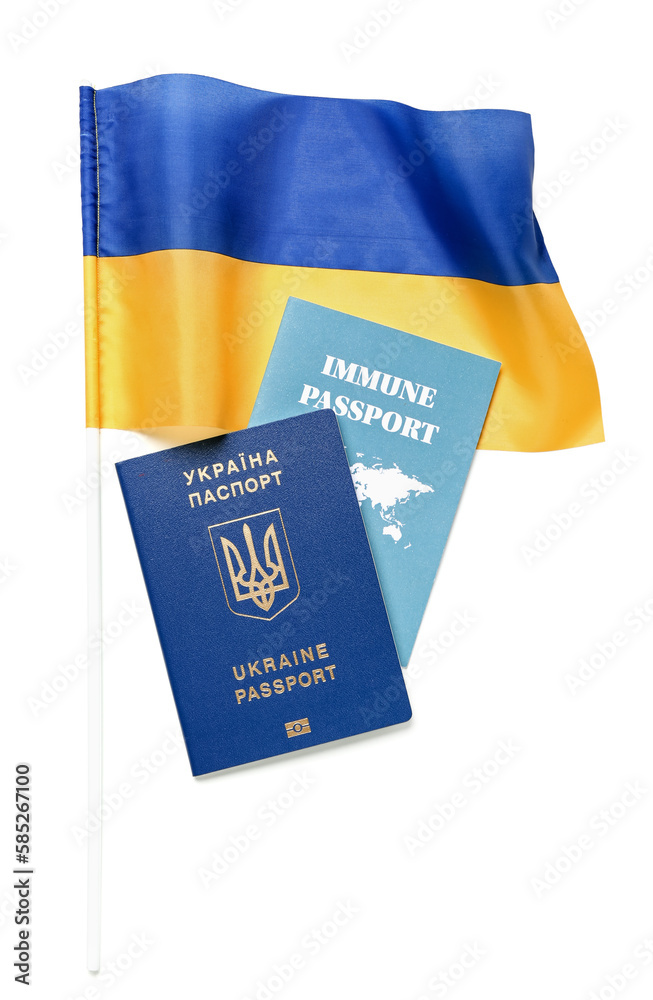 Ukrainian and immune passports with flag on white background