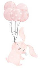 Wall Mural - adorable whimsical sweet happy baby pink bunny rabbit holding balloons children nursery watercolor h