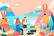 May 1st labor day holiday a family drives out to travel, with plants and mountains in the background, vector illustration