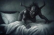 black horned sleep paralysis demon crawling out of bed, made with generative ai