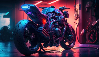 Purple super bike in a garage with neon lights in the background. Generative AI