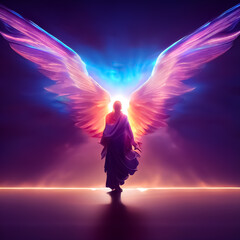 Heavenly angelic spirit with wings. Abstract angel. Belief. Afterlife. Spiritual Angel. Blessing. Sky clouds with bright light rays