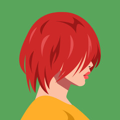 Wall Mural - portrait of a beautiful young girl face side view. short hair covering eyes. avatar for social media. colored. for profile, template, print, sticker, poster, etc. flat vector illustration.