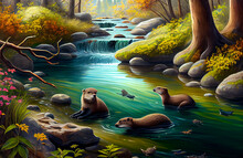 Peaceful River Flowing Through A Colorful Forest With A Family Of Beavers Building A Dam In A Natural Environment Landscape With Fish, Trees And Woods AI Generated
