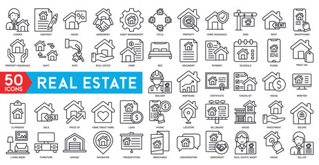 real estate icons vector house, estate document, rent signboard, sold, apartments, search, home protect