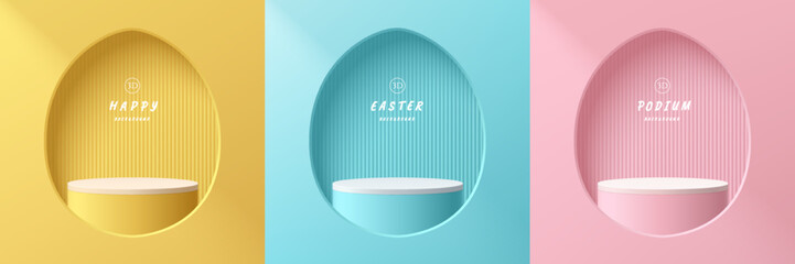set of yellow, blue and pink 3d realistic podium background in egg shape window. happy easter day. w