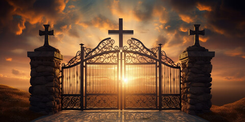 Gate to heaven on cross sunset background Generative AI