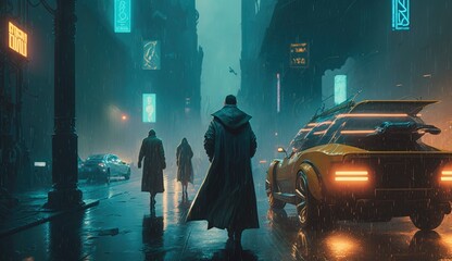 a scene from a science fiction movie, like blade runner, featuring a futuristic cityscape in the rai
