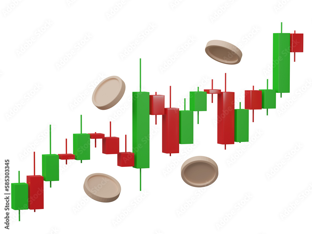 3D, Growth stock diagram financial graph isolated on transparent background. Business candlestick chart investment market trade exchange analysis and economy finance report.