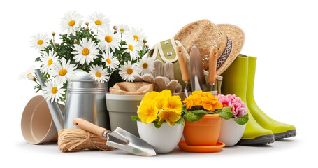 Wall Mural - Spring time blooms, pots colorful primroses and vase of daisies, green rubber boots and watering can. Gardening tools, trowel, straw hat and gloves isolated on white background