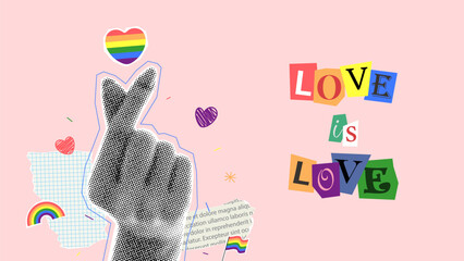 Retro banner for Pride Month. Vector illustration with halftone hand shows heart sign. Vintage collage with rainbow elements for decoration of LGBT events. Love is love. Hand gesture with halftone.