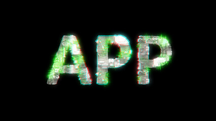 Poster - glowing cybernetic text APP on black - meta universe concept, isolated - object 3D rendering