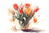 Fototapeta Tulipany - Tulips in a vase, Delicate and romantic, Soft lighting with warm colors Watercolor design graphic, vector, contour, white background. Generative Ai