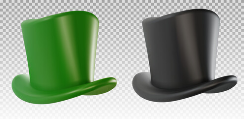 Set 3d realistic black and green top hat in cartoon minimal style on transparent background. Bright modern vector graphic element. Retro clothing accessories. Magic equipment or vintage decoration.