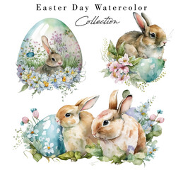 Happy easter watercolor illustration vector of cute bunnies, flowers, eggs, plants and greetings watercolor template, invitation and greeting card template background