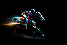 Horse Racing At Night. Digital Illustration Of Thoroughbred And Jockey. Generative AI.