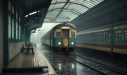 Poster -  a train is coming down the tracks in a train station.  generative ai