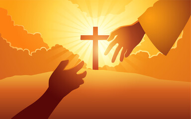 Wall Mural - God hand reaching out for human hand with cross on hill as the background