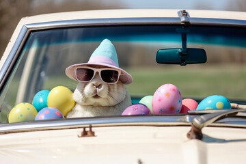 Poster - Cute Easter Bunny with sunglasses and a hat looking out of a car filed with easter eggs, Generative AI	