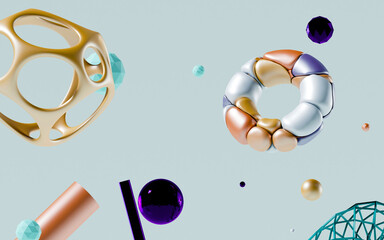 Poster - Concept color 3d geometric composition, 3d illustration. Geometry shapes design elements flying scattered.